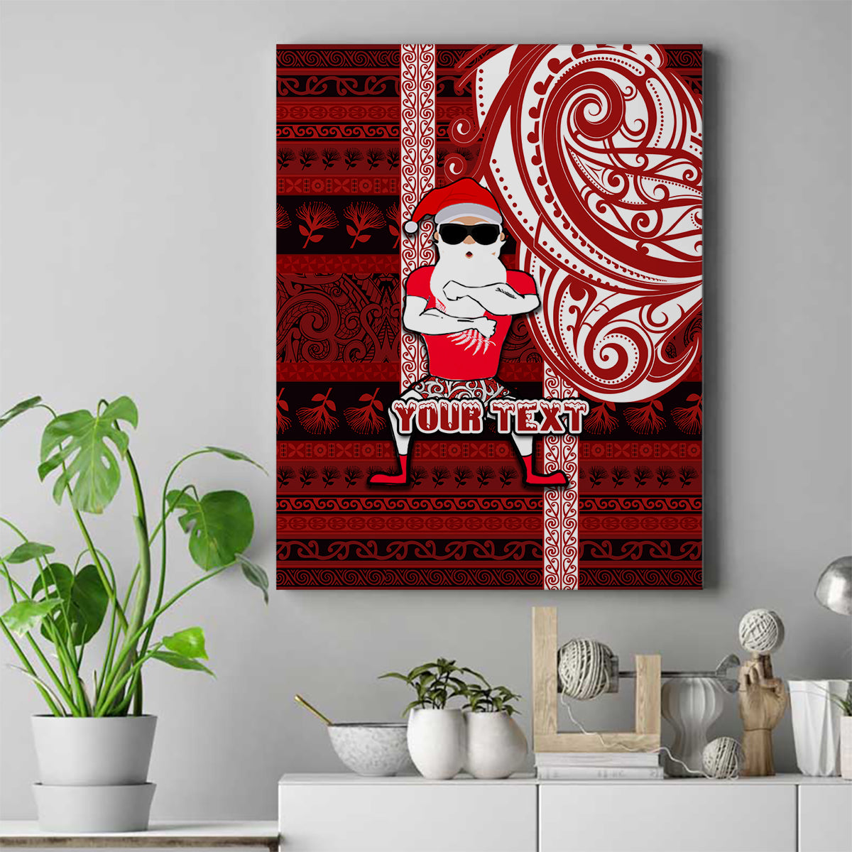 Personalized New Zealand Christmas Canvas Wall Art Santa Claus and Kiwi Bird Maori Tattoo Koru Pattern LT03 Red - Polynesian Pride