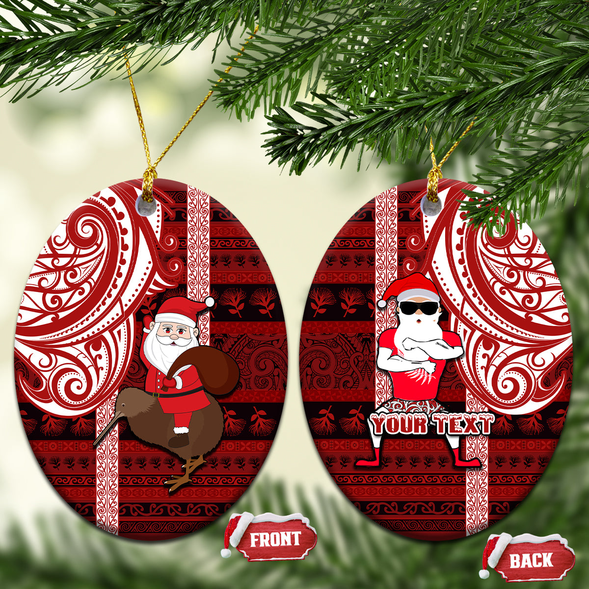 Personalized New Zealand Christmas Ceramic Ornament Santa Claus and Kiwi Bird Maori Tattoo Koru Pattern LT03 Oval Red - Polynesian Pride
