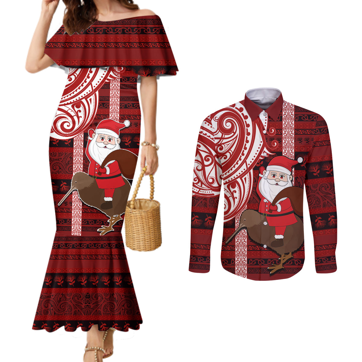 Personalized New Zealand Christmas Couples Matching Mermaid Dress and Long Sleeve Button Shirt Santa Claus and Kiwi Bird Maori Tattoo Koru Pattern LT03 Red - Polynesian Pride