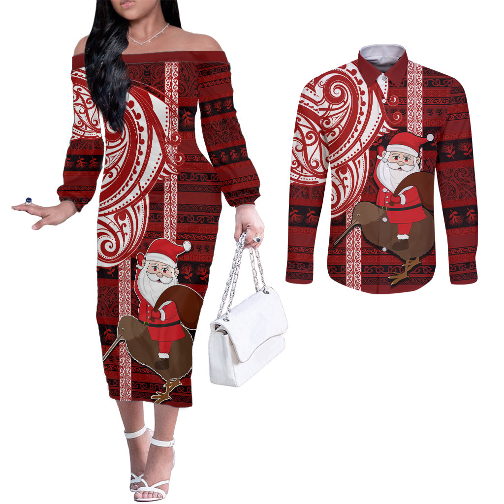 Personalized New Zealand Christmas Couples Matching Off The Shoulder Long Sleeve Dress and Long Sleeve Button Shirt Santa Claus and Kiwi Bird Maori Tattoo Koru Pattern LT03 Red - Polynesian Pride