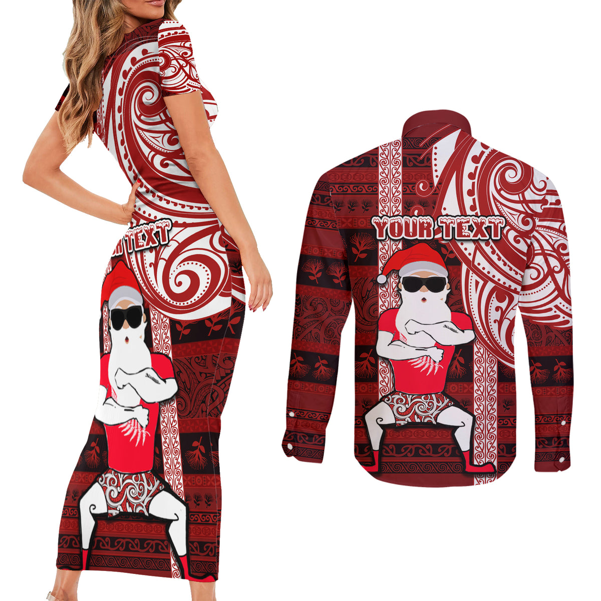 Personalized New Zealand Christmas Couples Matching Short Sleeve Bodycon Dress and Long Sleeve Button Shirt Santa Claus and Kiwi Bird Maori Tattoo Koru Pattern LT03 - Polynesian Pride