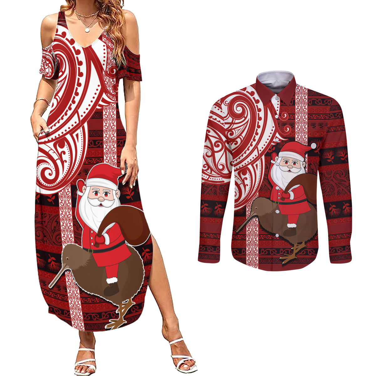 Personalized New Zealand Christmas Couples Matching Summer Maxi Dress and Long Sleeve Button Shirt Santa Claus and Kiwi Bird Maori Tattoo Koru Pattern LT03 Red - Polynesian Pride