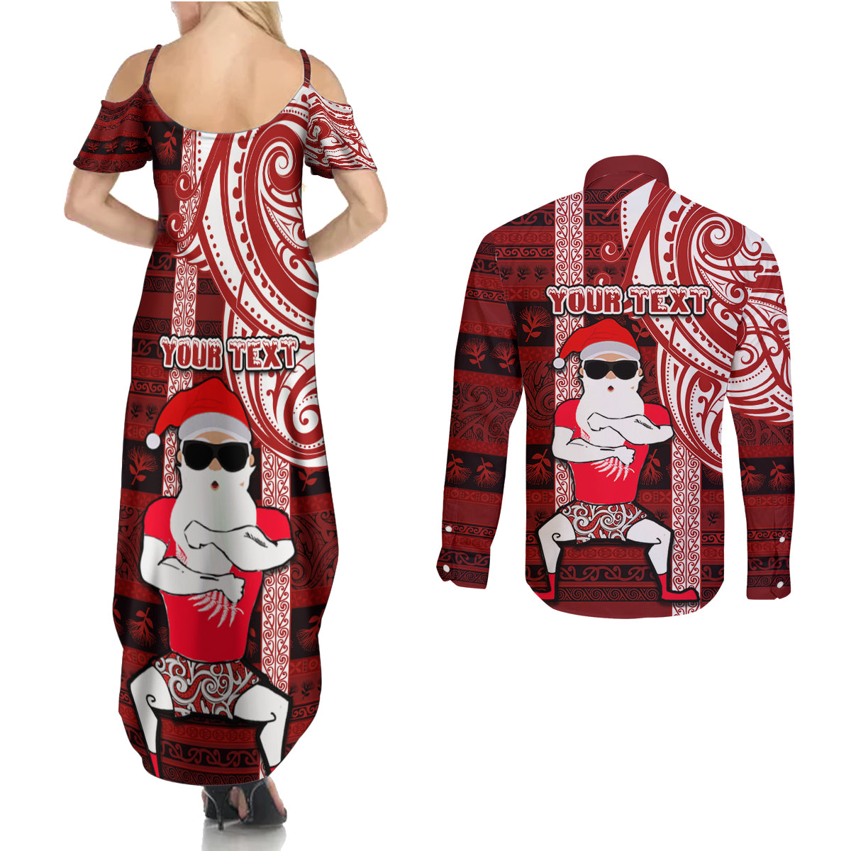 Personalized New Zealand Christmas Couples Matching Summer Maxi Dress and Long Sleeve Button Shirt Santa Claus and Kiwi Bird Maori Tattoo Koru Pattern LT03 - Polynesian Pride