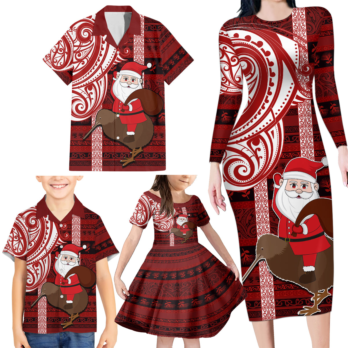 Personalized New Zealand Christmas Family Matching Long Sleeve Bodycon Dress and Hawaiian Shirt Santa Claus and Kiwi Bird Maori Tattoo Koru Pattern LT03 - Polynesian Pride