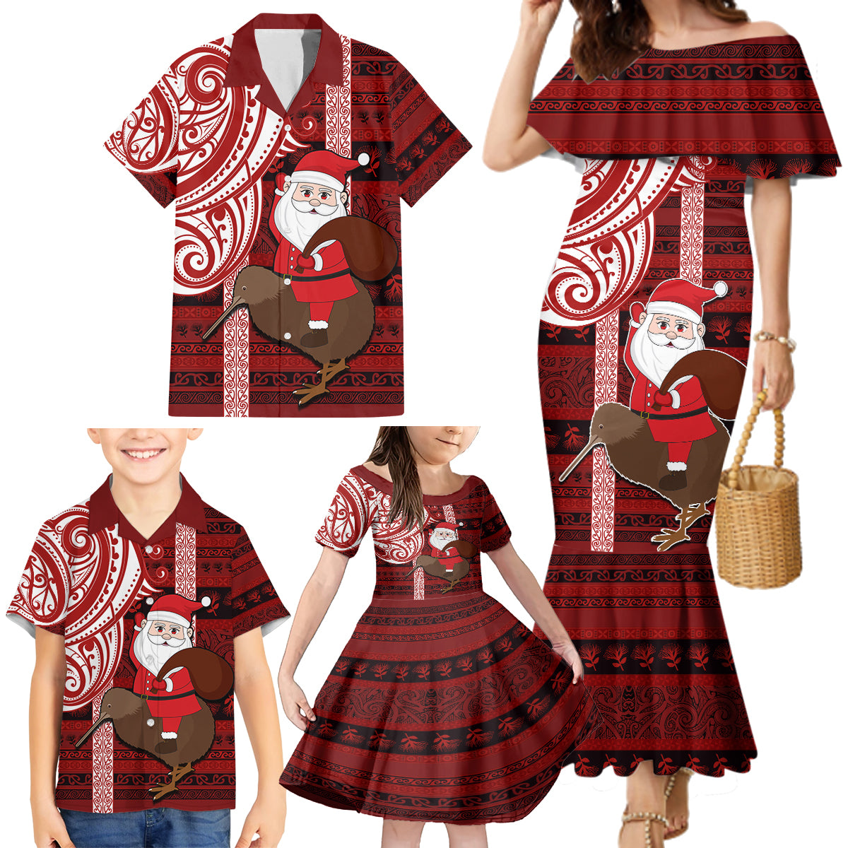 Personalized New Zealand Christmas Family Matching Mermaid Dress and Hawaiian Shirt Santa Claus and Kiwi Bird Maori Tattoo Koru Pattern LT03 - Polynesian Pride