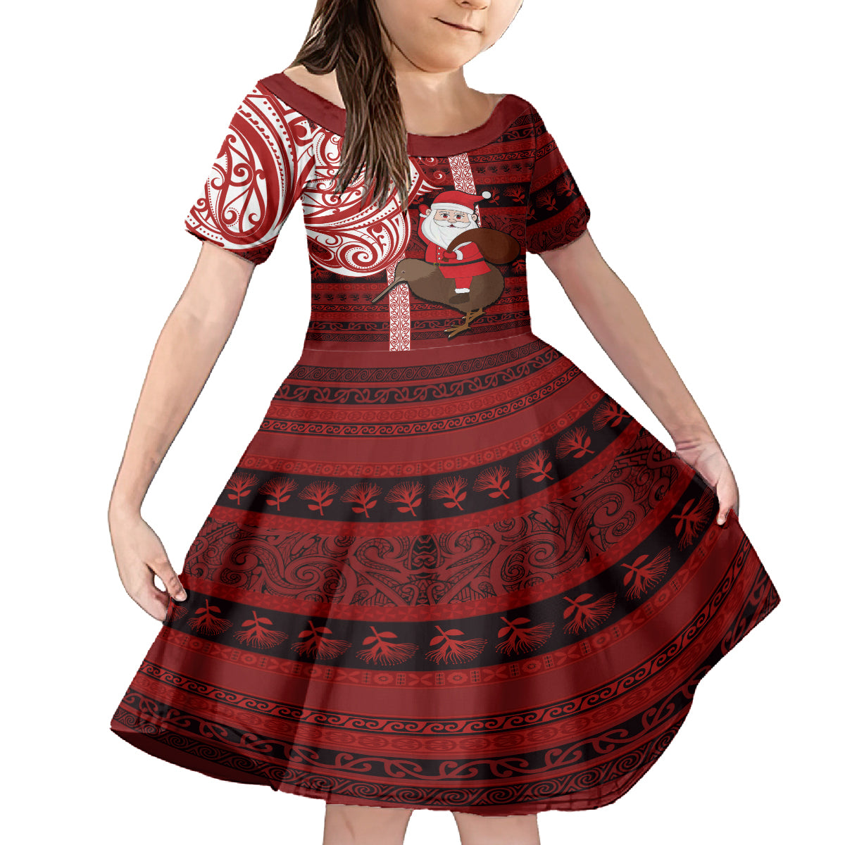 Personalized New Zealand Christmas Family Matching Off Shoulder Maxi Dress and Hawaiian Shirt Santa Claus and Kiwi Bird Maori Tattoo Koru Pattern LT03 Daughter's Dress Red - Polynesian Pride