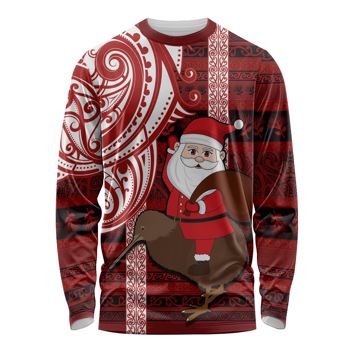 Personalized New Zealand Christmas Long Sleeve Shirt Santa Claus and Kiwi Bird Maori Tattoo Koru Pattern LT03 Unisex Red - Polynesian Pride