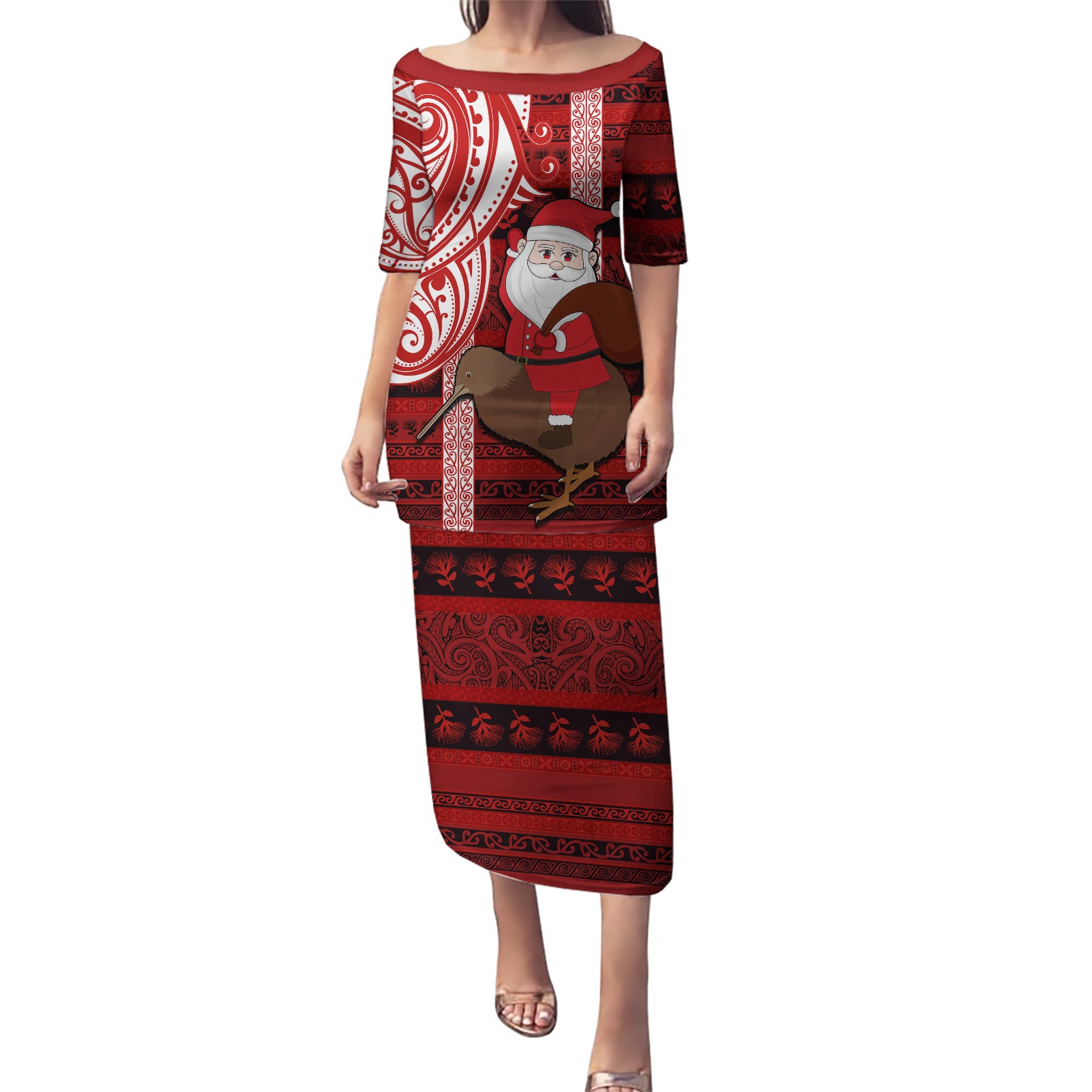 Personalized New Zealand Christmas Puletasi Santa Claus and Kiwi Bird Maori Tattoo Koru Pattern LT03 Long Dress Red - Polynesian Pride