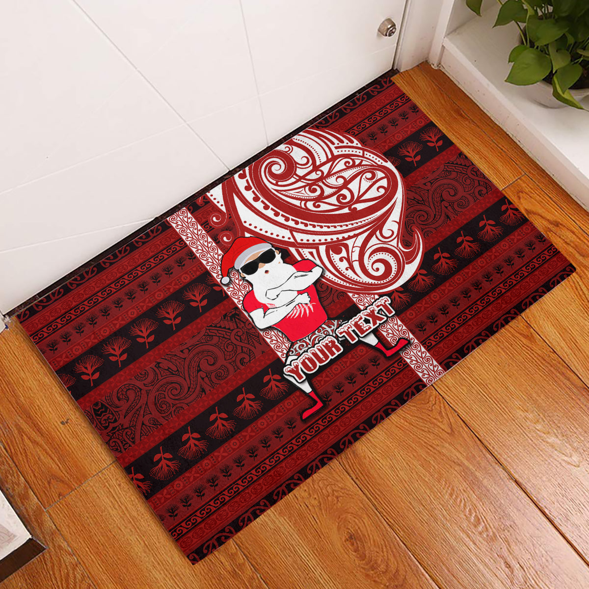 Personalized New Zealand Christmas Rubber Doormat Santa Claus and Kiwi Bird Maori Tattoo Koru Pattern LT03 Red - Polynesian Pride