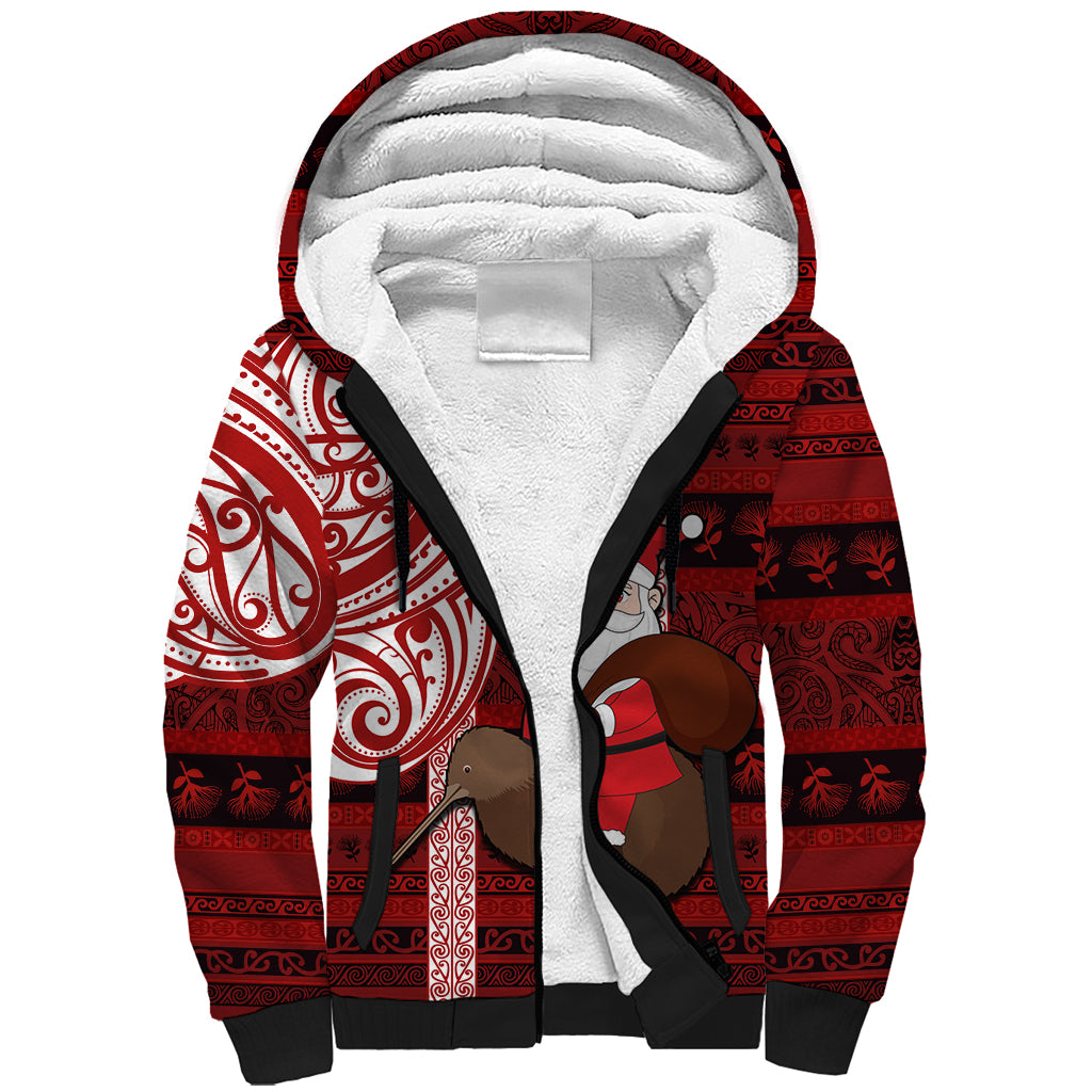 Personalized New Zealand Christmas Sherpa Hoodie Santa Claus and Kiwi Bird Maori Tattoo Koru Pattern LT03 Unisex Red - Polynesian Pride