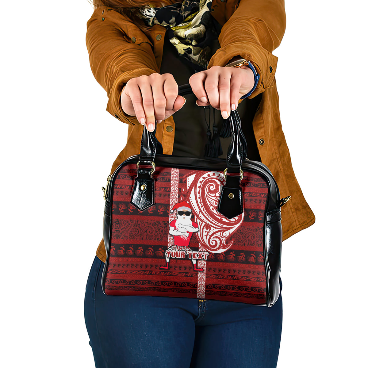 Personalized New Zealand Christmas Shoulder Handbag Santa Claus and Kiwi Bird Maori Tattoo Koru Pattern LT03 One Size Red - Polynesian Pride