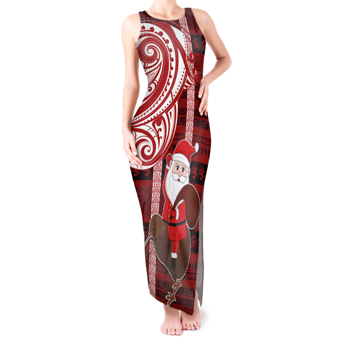 Personalized New Zealand Christmas Tank Maxi Dress Santa Claus and Kiwi Bird Maori Tattoo Koru Pattern LT03 Women Red - Polynesian Pride