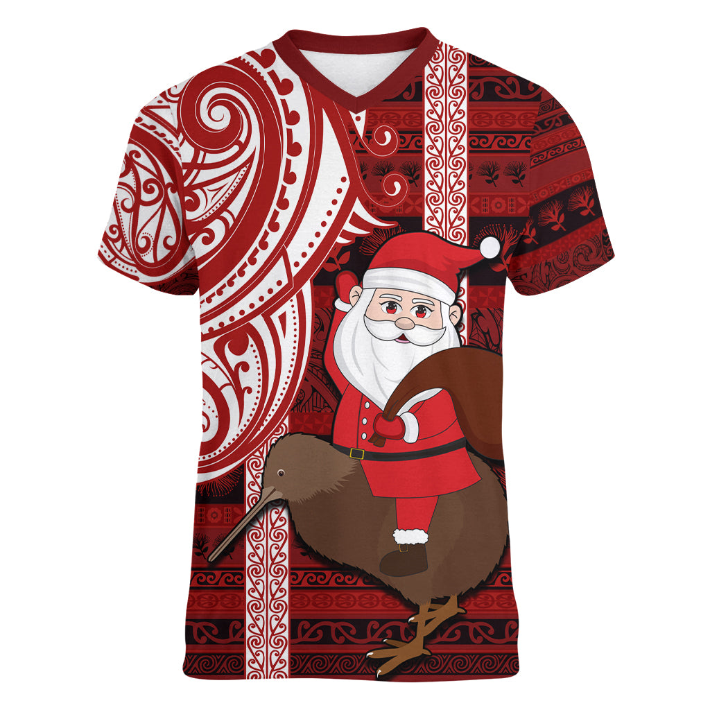 Personalized New Zealand Christmas Women V Neck T Shirt Santa Claus and Kiwi Bird Maori Tattoo Koru Pattern LT03 Female Red - Polynesian Pride