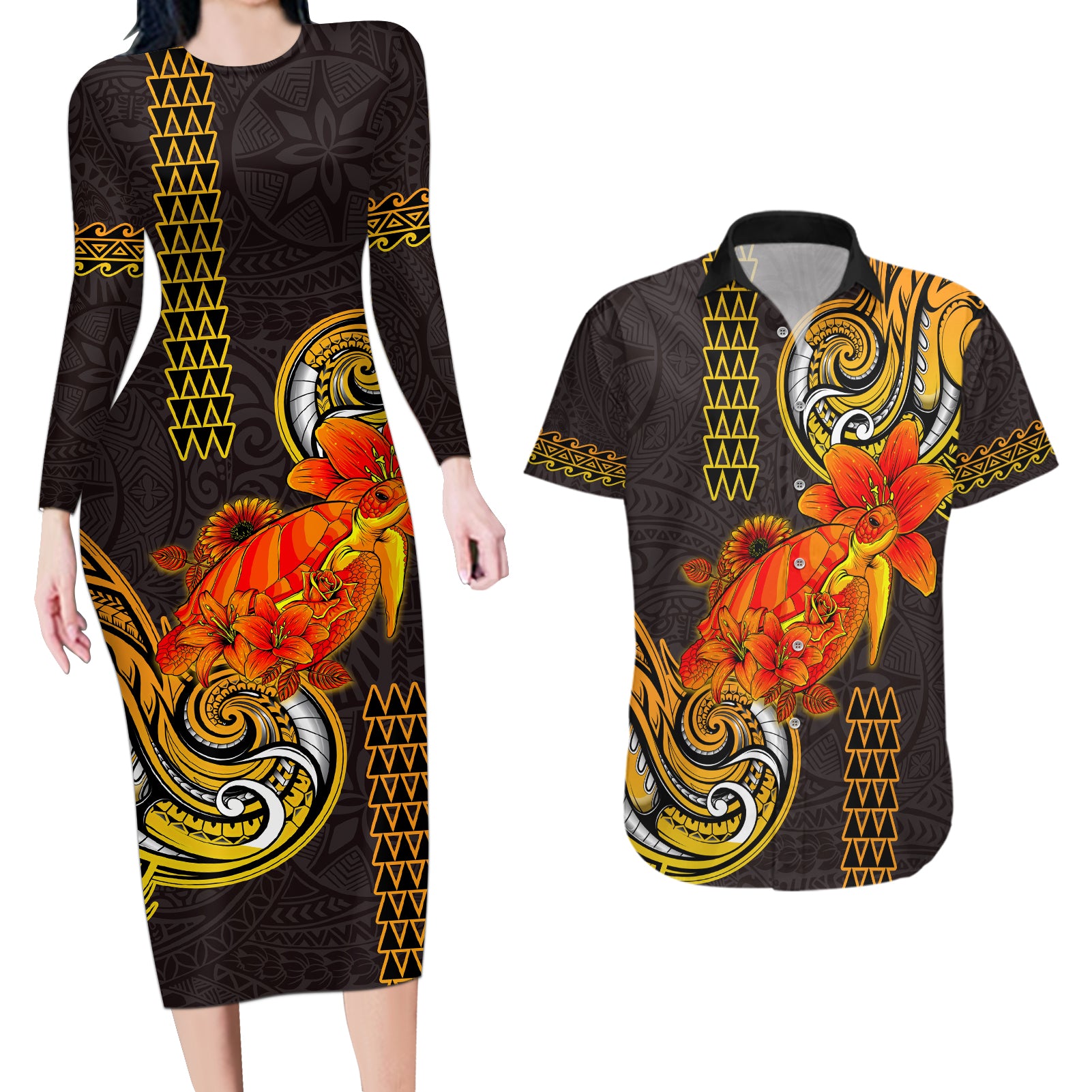 Hawaii Turtle Hibiscus Flower Couples Matching Long Sleeve Bodycon Dress and Hawaiian Shirt Polynesian Tattoo LT03 Black - Polynesian Pride