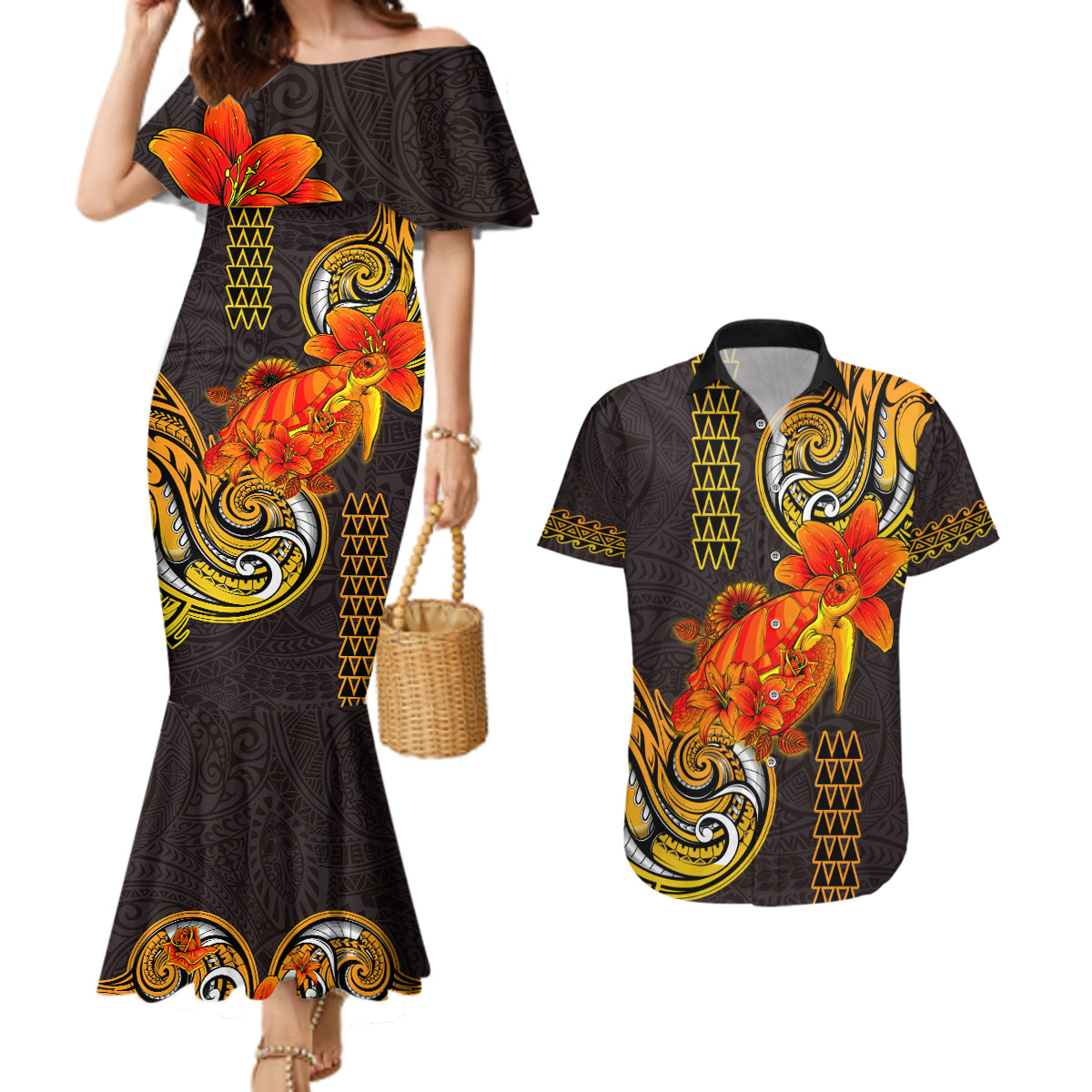 Hawaii Turtle Hibiscus Flower Couples Matching Mermaid Dress and Hawaiian Shirt Polynesian Tattoo LT03 Black - Polynesian Pride