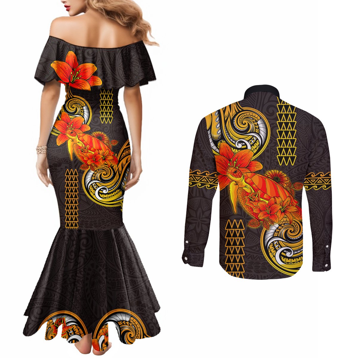 Hawaii Turtle Hibiscus Flower Couples Matching Mermaid Dress and Long Sleeve Button Shirt Polynesian Tattoo LT03 - Polynesian Pride