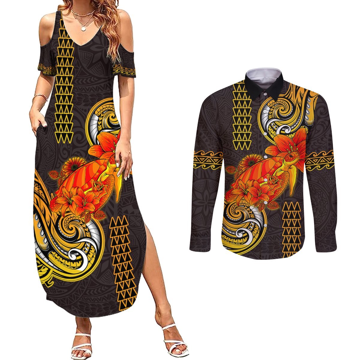 Hawaii Turtle Hibiscus Flower Couples Matching Summer Maxi Dress and Long Sleeve Button Shirt Polynesian Tattoo LT03 Black - Polynesian Pride