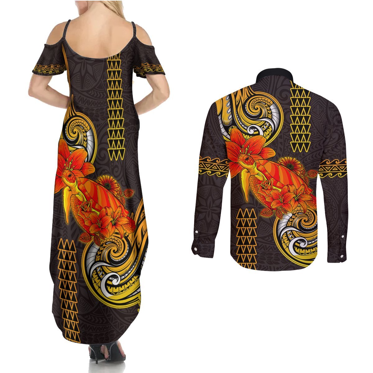 Hawaii Turtle Hibiscus Flower Couples Matching Summer Maxi Dress and Long Sleeve Button Shirt Polynesian Tattoo LT03 - Polynesian Pride