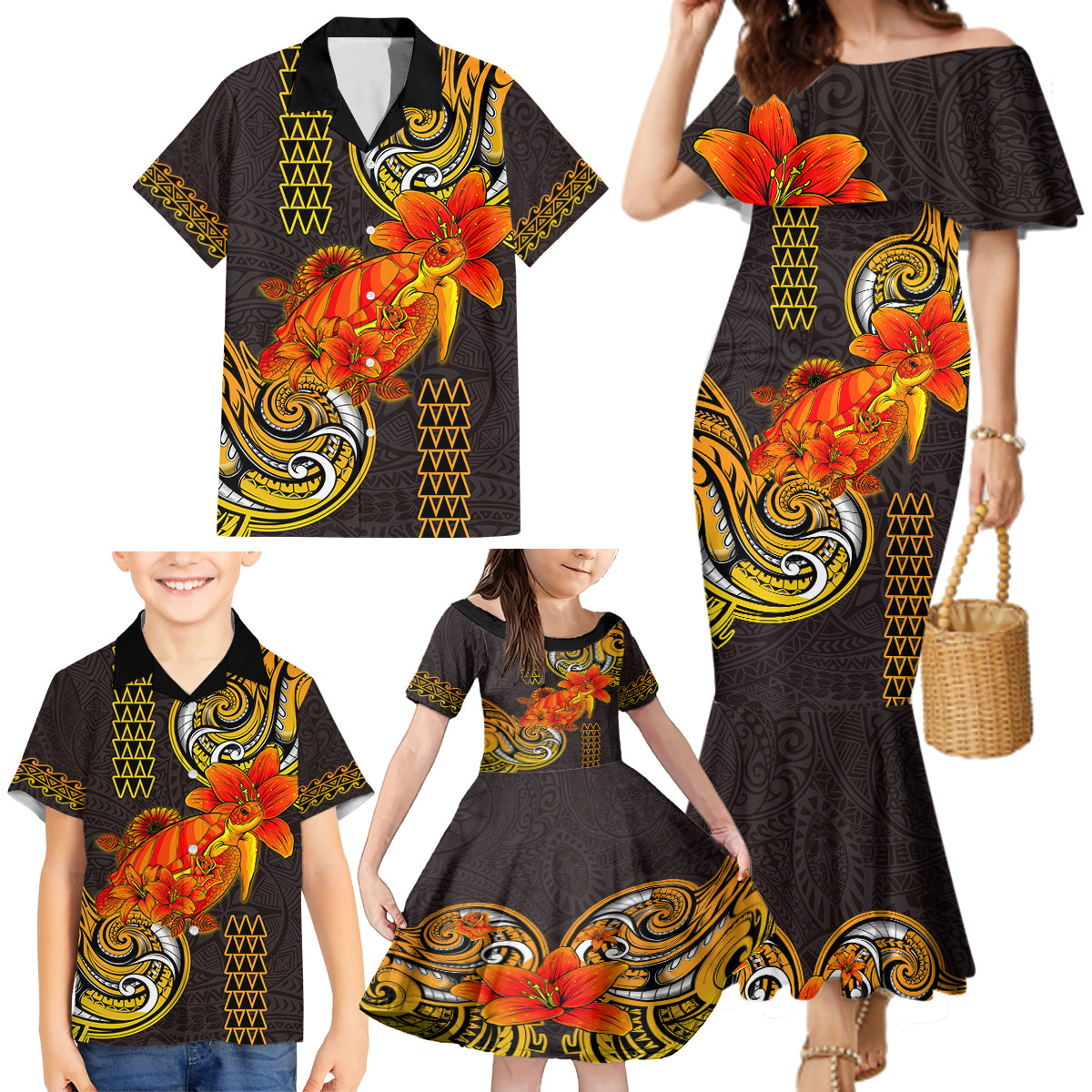 Hawaii Turtle Hibiscus Flower Family Matching Mermaid Dress and Hawaiian Shirt Polynesian Tattoo LT03 - Polynesian Pride