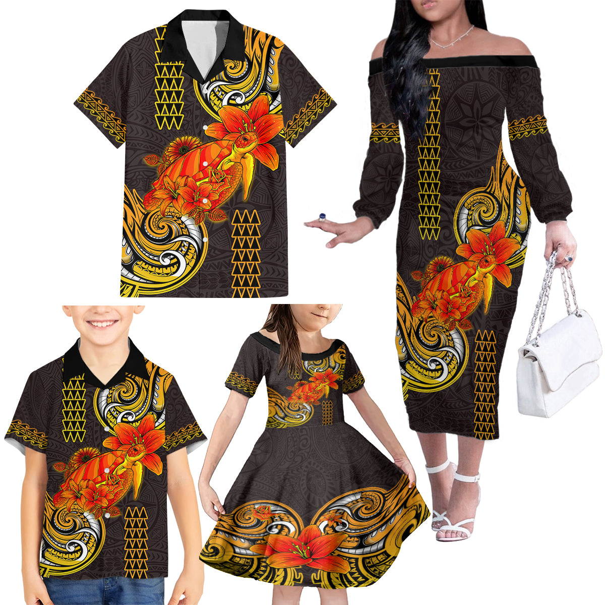 Hawaii Turtle Hibiscus Flower Family Matching Off Shoulder Long Sleeve Dress and Hawaiian Shirt Polynesian Tattoo LT03 - Polynesian Pride