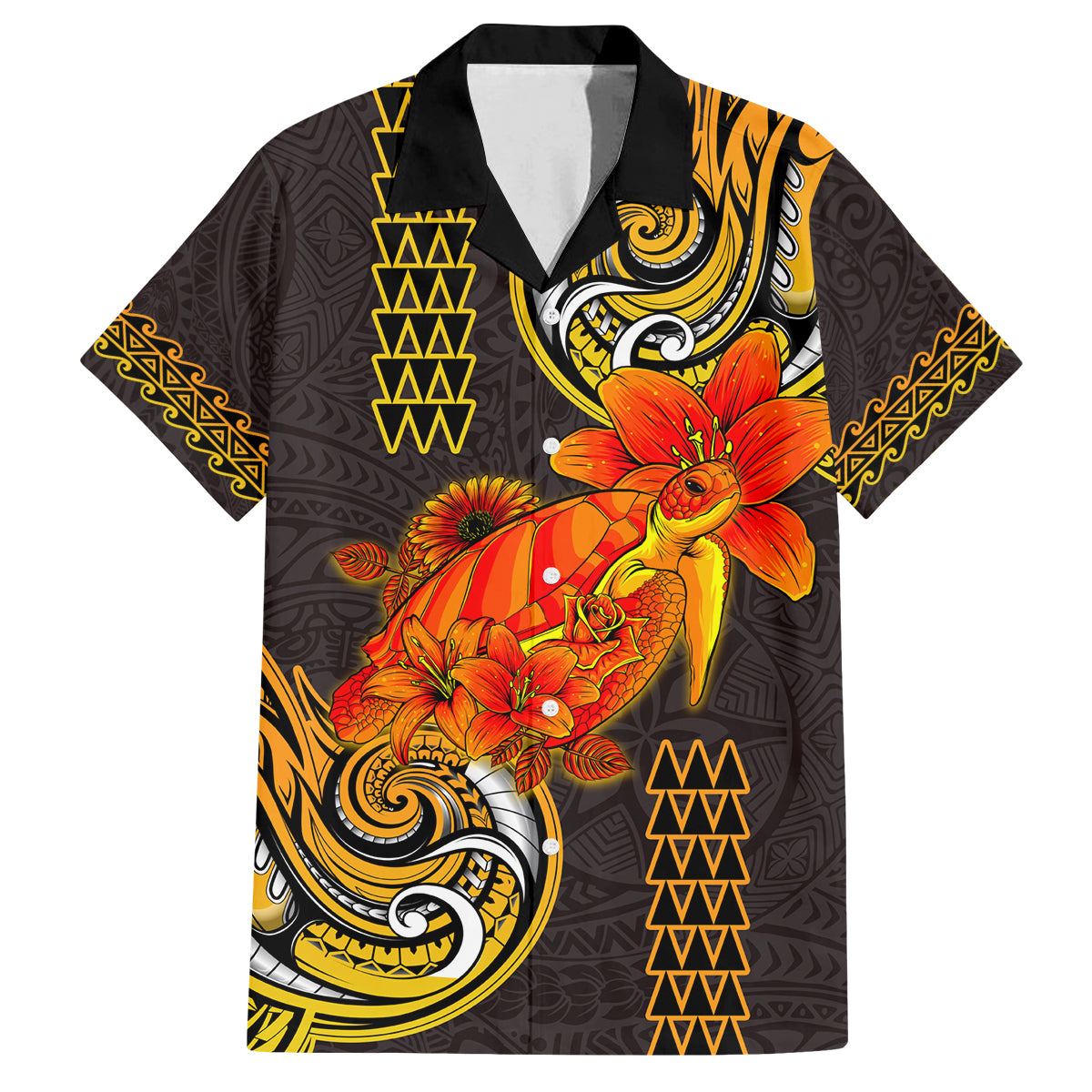 Hawaii Turtle Hibiscus Flower Family Matching Off Shoulder Long Sleeve Dress and Hawaiian Shirt Polynesian Tattoo LT03 Dad's Shirt - Short Sleeve Black - Polynesian Pride