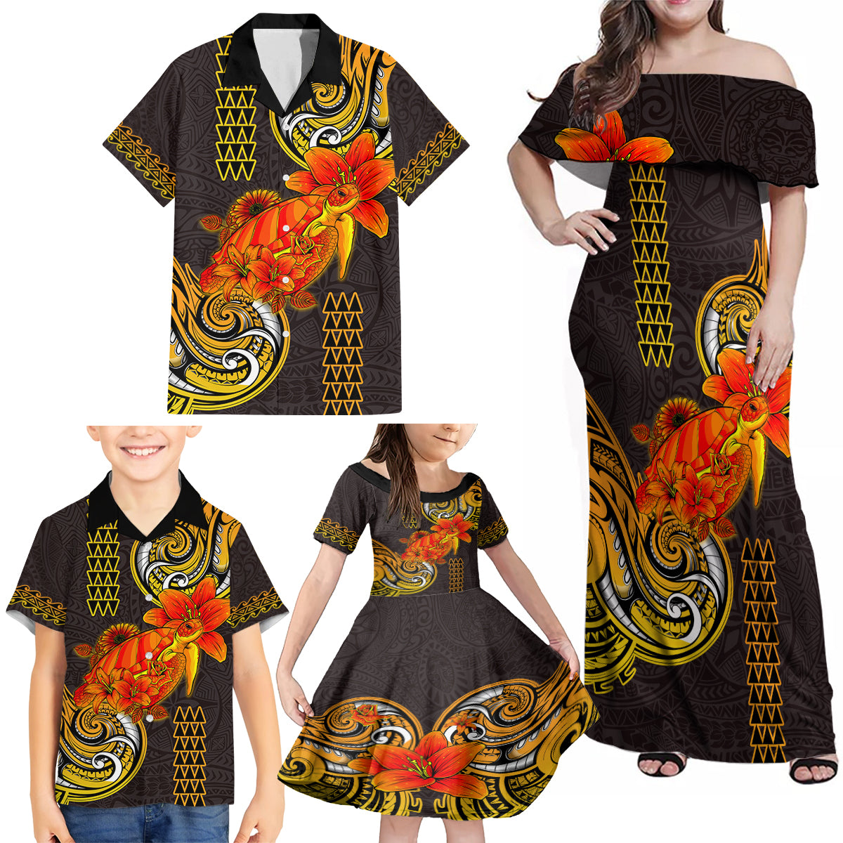 Hawaii Turtle Hibiscus Flower Family Matching Off Shoulder Maxi Dress and Hawaiian Shirt Polynesian Tattoo LT03 - Polynesian Pride