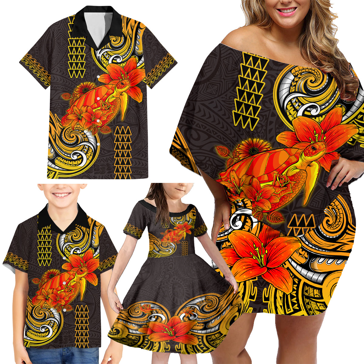 Hawaii Turtle Hibiscus Flower Family Matching Off Shoulder Short Dress and Hawaiian Shirt Polynesian Tattoo LT03 - Polynesian Pride