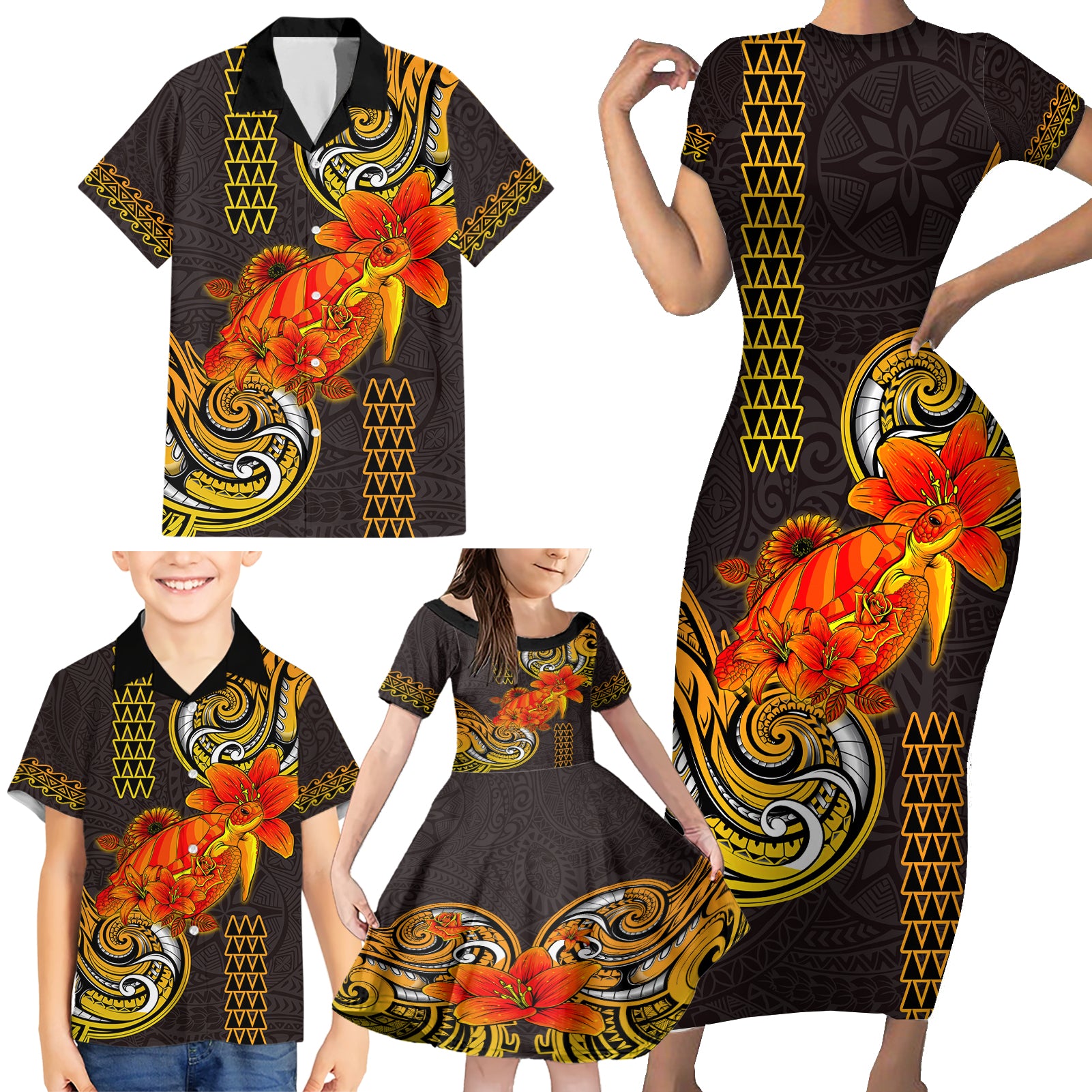 Hawaii Turtle Hibiscus Flower Family Matching Short Sleeve Bodycon Dress and Hawaiian Shirt Polynesian Tattoo LT03 - Polynesian Pride