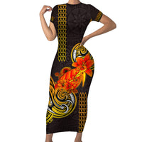 Hawaii Turtle Hibiscus Flower Family Matching Short Sleeve Bodycon Dress and Hawaiian Shirt Polynesian Tattoo LT03 Mom's Dress Black - Polynesian Pride