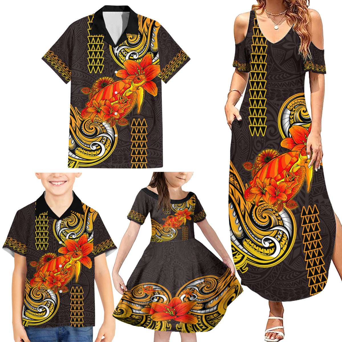 Hawaii Turtle Hibiscus Flower Family Matching Summer Maxi Dress and Hawaiian Shirt Polynesian Tattoo LT03 - Polynesian Pride