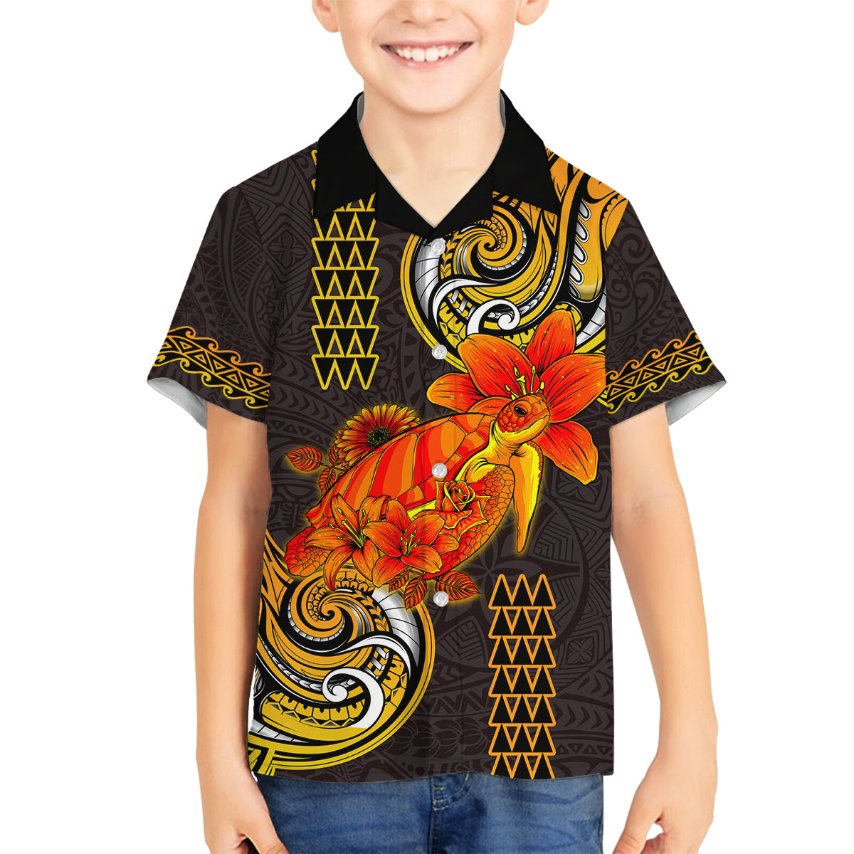 Hawaii Turtle Hibiscus Flower Family Matching Summer Maxi Dress and Hawaiian Shirt Polynesian Tattoo LT03 Son's Shirt Black - Polynesian Pride