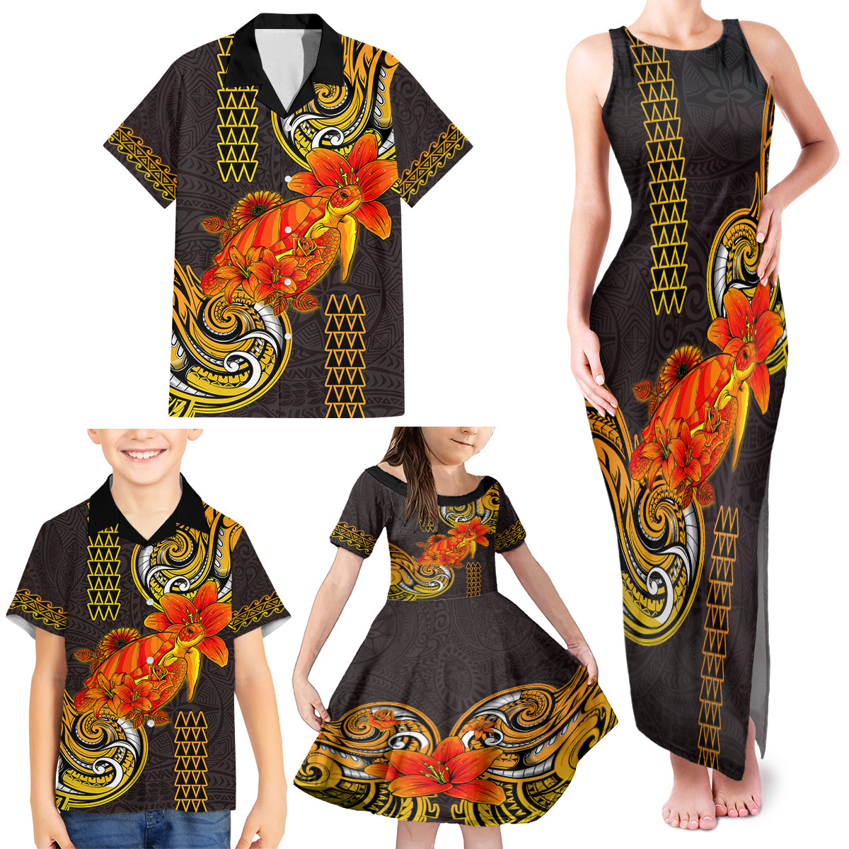 Hawaii Turtle Hibiscus Flower Family Matching Tank Maxi Dress and Hawaiian Shirt Polynesian Tattoo LT03 - Polynesian Pride