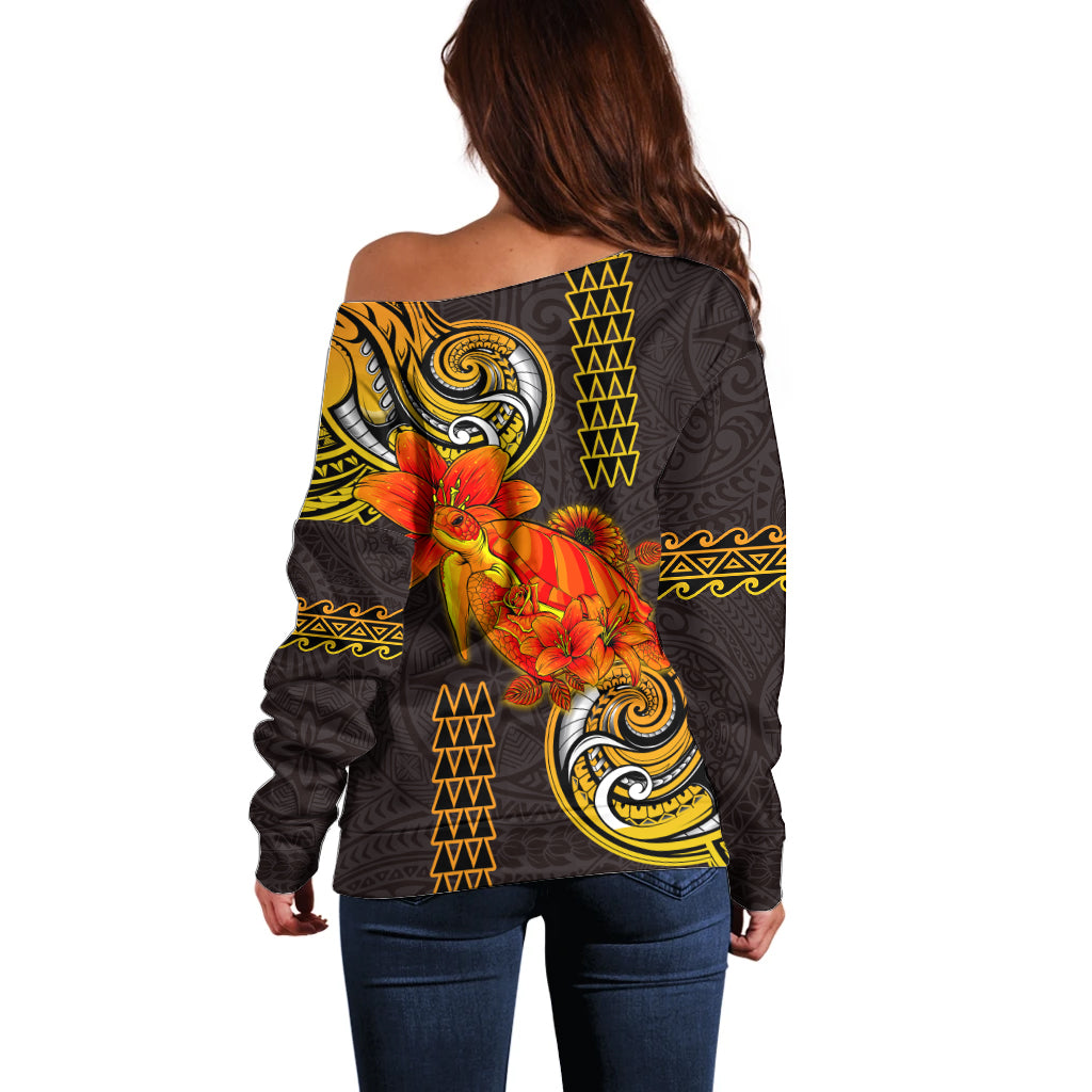 Hawaii Turtle Hibiscus Flower Off Shoulder Sweater Polynesian Tattoo LT03 - Polynesian Pride