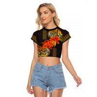 Hawaii Turtle Hibiscus Flower Raglan Cropped T Shirt Polynesian Tattoo LT03 Female Black - Polynesian Pride