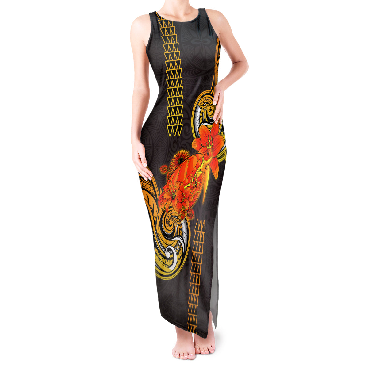 Hawaii Turtle Hibiscus Flower Tank Maxi Dress Polynesian Tattoo LT03 Women Black - Polynesian Pride