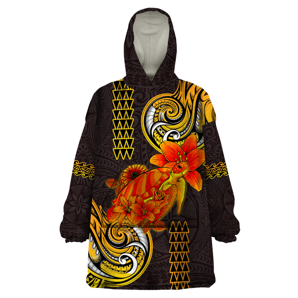 Hawaii Turtle Hibiscus Flower Wearable Blanket Hoodie Polynesian Tattoo LT03 One Size Black - Polynesian Pride