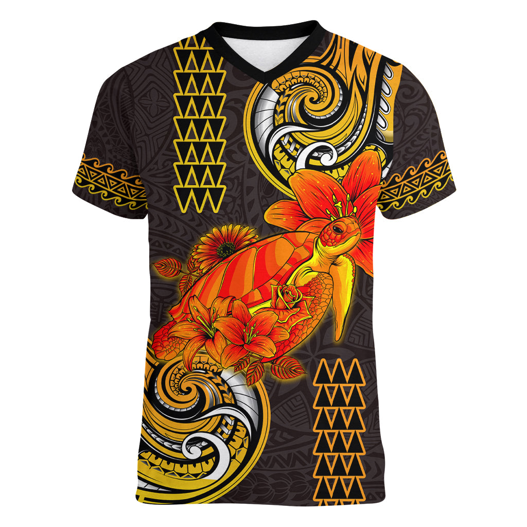 Hawaii Turtle Hibiscus Flower Women V Neck T Shirt Polynesian Tattoo LT03 Female Black - Polynesian Pride