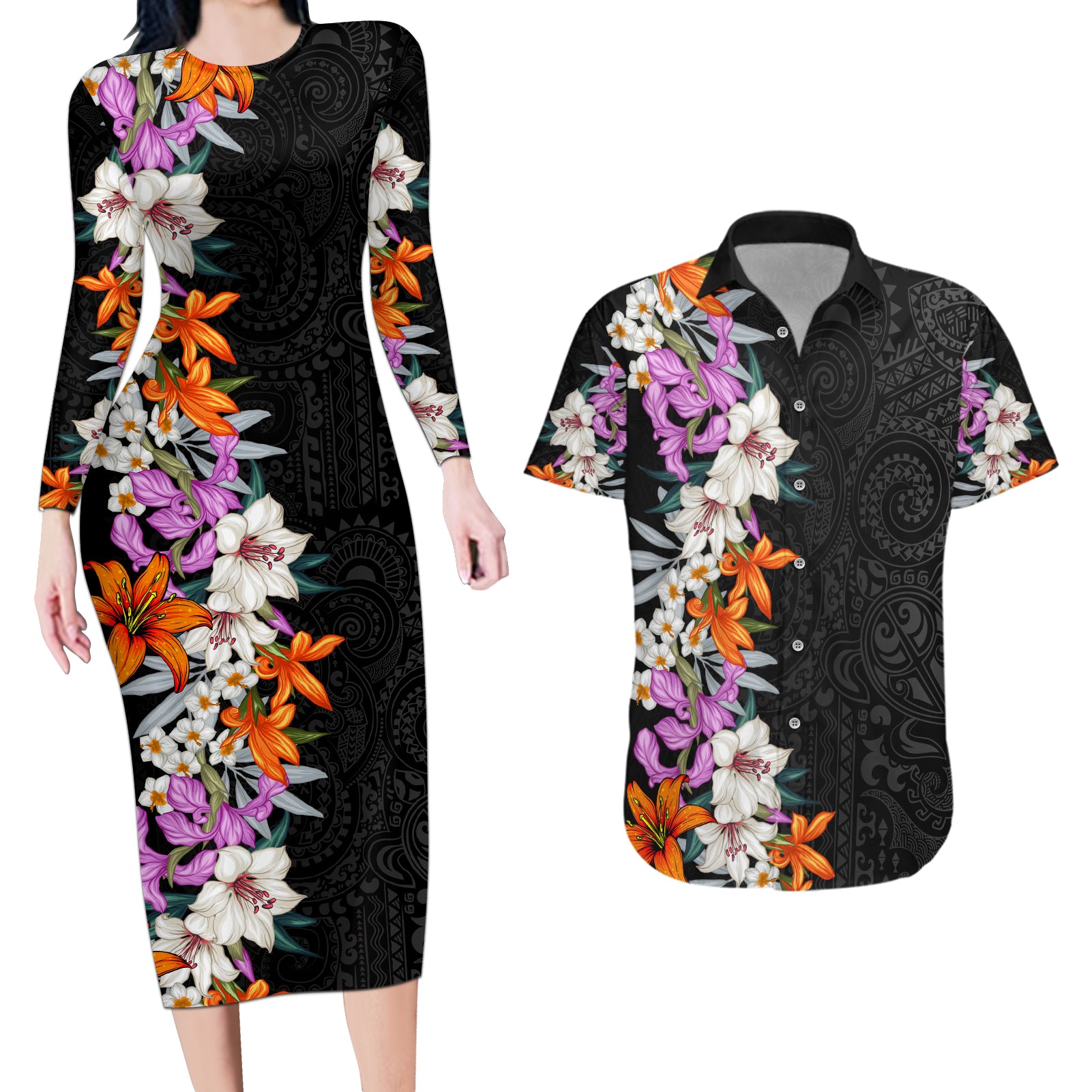 Hawaii Tropical Leaves and Flowers Couples Matching Long Sleeve Bodycon Dress and Hawaiian Shirt Tribal Polynesian Pattern LT03 Black - Polynesian Pride