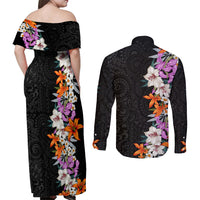 Hawaii Tropical Leaves and Flowers Couples Matching Off Shoulder Maxi Dress and Long Sleeve Button Shirt Tribal Polynesian Pattern LT03 - Polynesian Pride