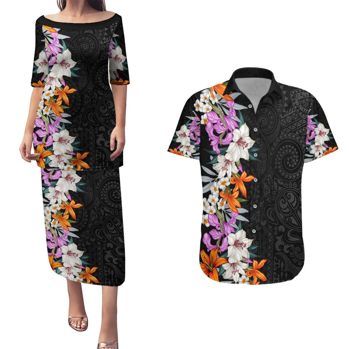 Hawaii Tropical Leaves and Flowers Couples Matching Puletasi and Hawaiian Shirt Tribal Polynesian Pattern LT03 Black - Polynesian Pride