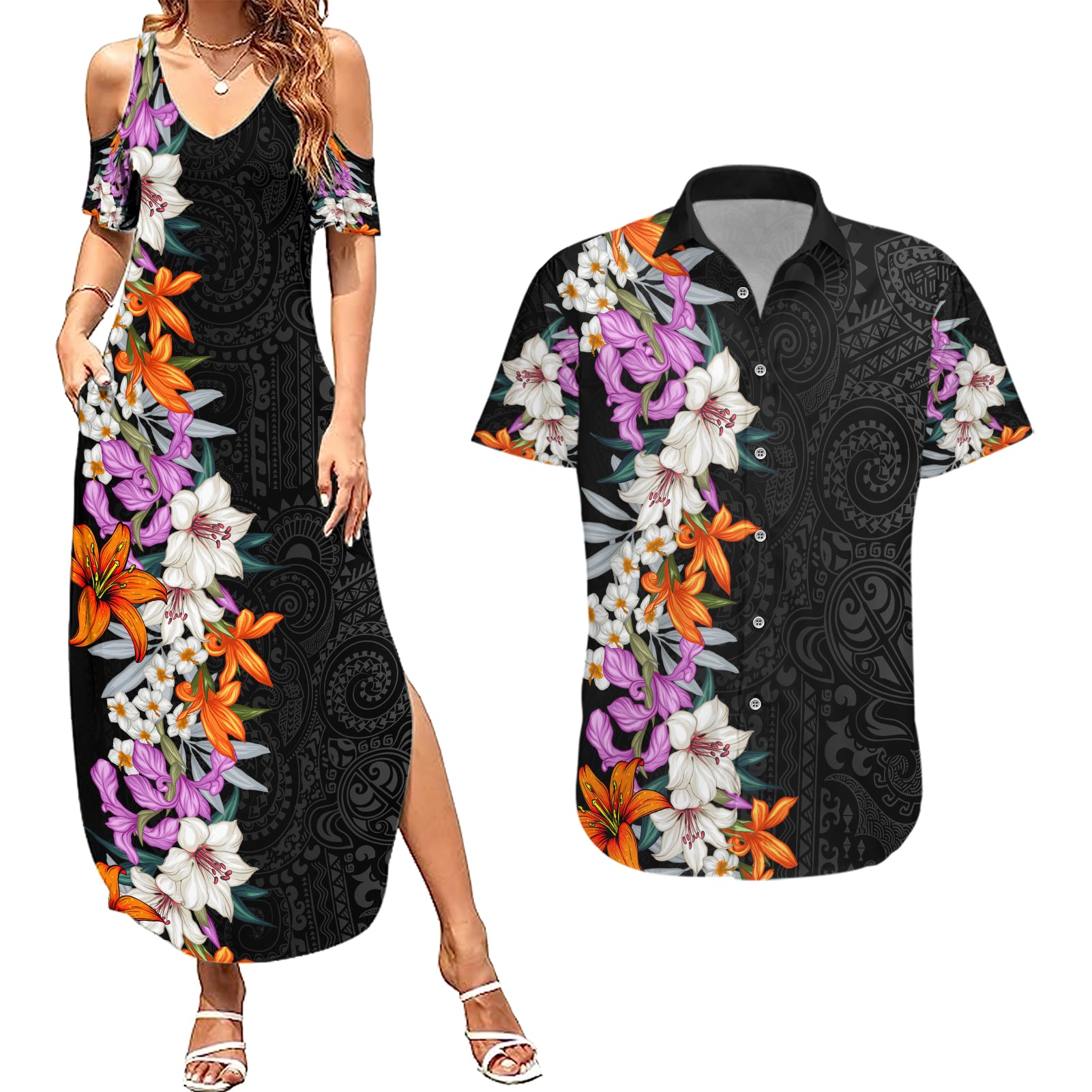 Hawaii Tropical Leaves and Flowers Couples Matching Summer Maxi Dress and Hawaiian Shirt Tribal Polynesian Pattern LT03 Black - Polynesian Pride