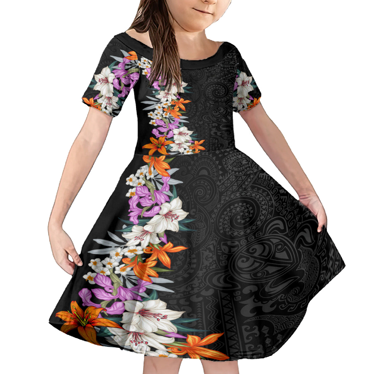 Hawaii Tropical Leaves and Flowers Family Matching Long Sleeve Bodycon Dress and Hawaiian Shirt Tribal Polynesian Pattern LT03 Daughter's Dress Black - Polynesian Pride