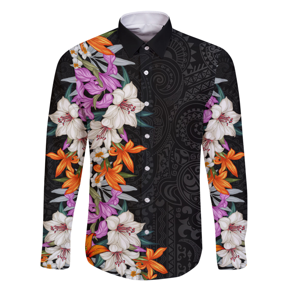 Hawaii Tropical Leaves and Flowers Family Matching Long Sleeve Bodycon Dress and Hawaiian Shirt Tribal Polynesian Pattern LT03 Dad's Shirt - Long Sleeve Black - Polynesian Pride