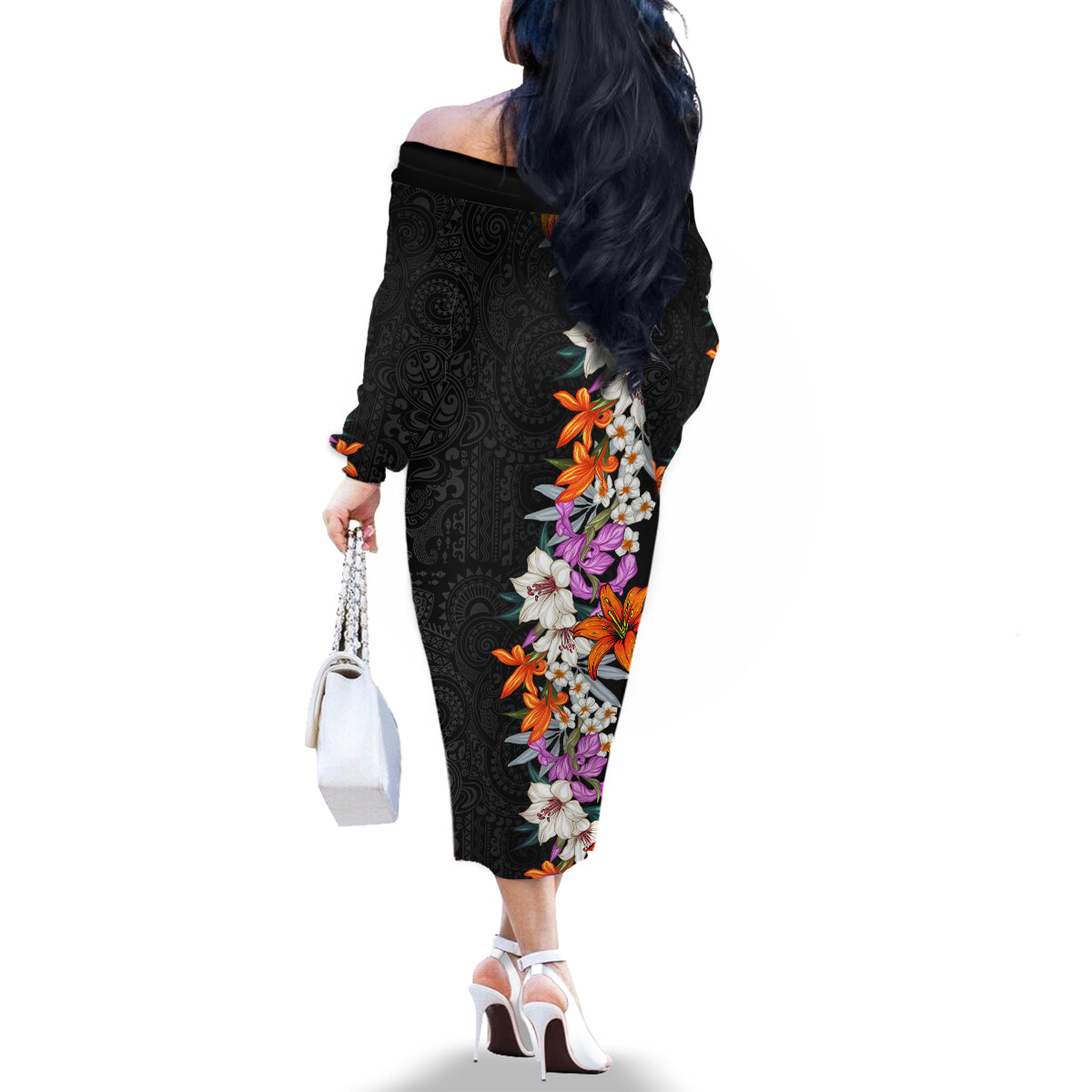 Hawaii Tropical Leaves and Flowers Family Matching Off Shoulder Long Sleeve Dress and Hawaiian Shirt Tribal Polynesian Pattern LT03 - Polynesian Pride