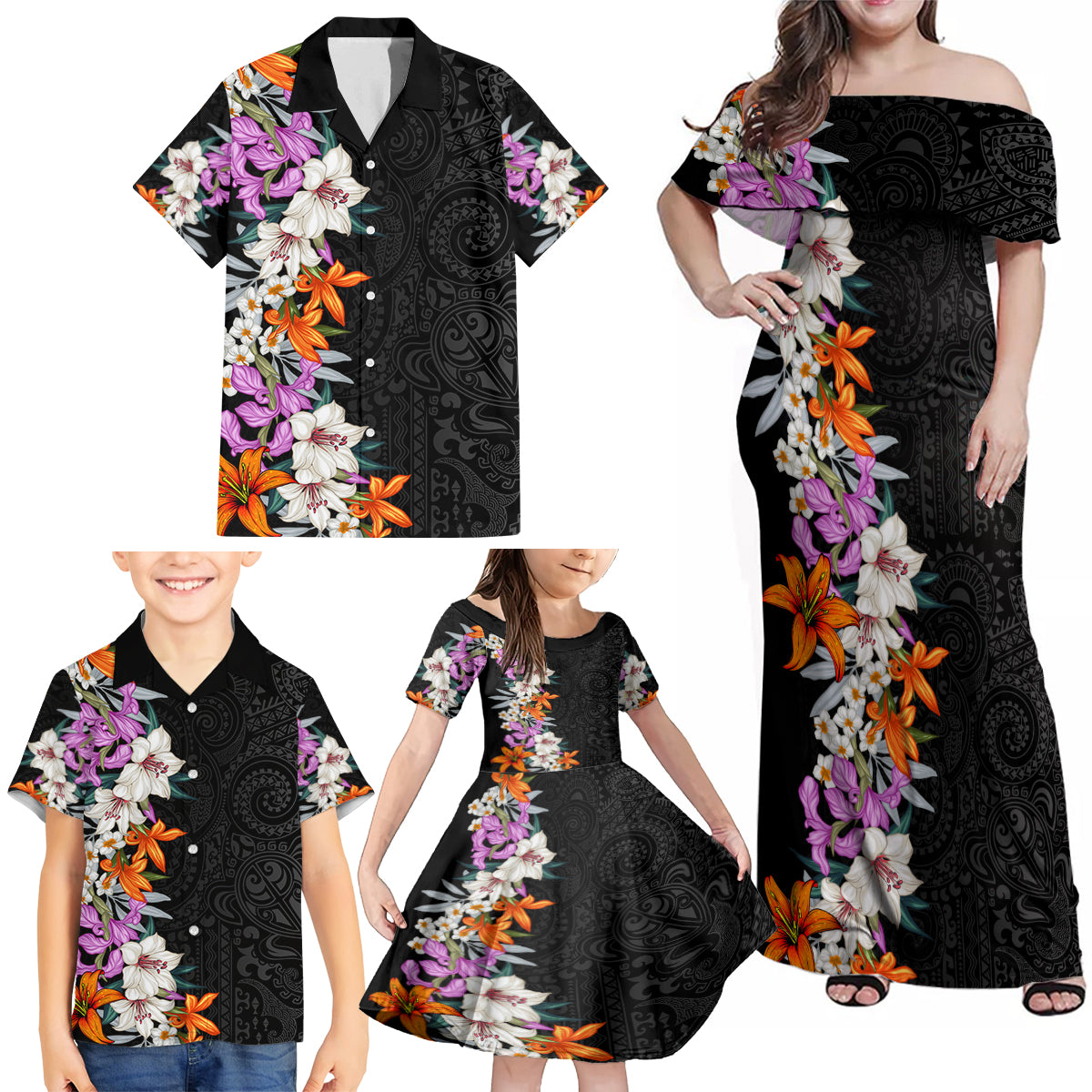 Hawaii Tropical Leaves and Flowers Family Matching Off Shoulder Maxi Dress and Hawaiian Shirt Tribal Polynesian Pattern LT03 - Polynesian Pride