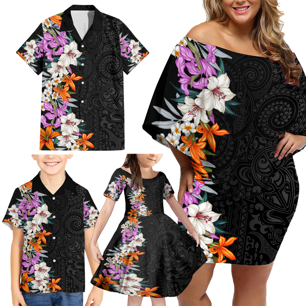 Hawaii Tropical Leaves and Flowers Family Matching Off Shoulder Short Dress and Hawaiian Shirt Tribal Polynesian Pattern LT03 - Polynesian Pride