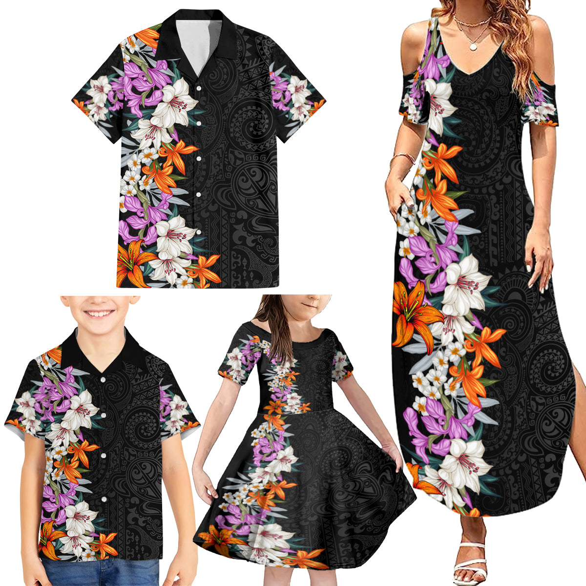 Hawaii Tropical Leaves and Flowers Family Matching Summer Maxi Dress and Hawaiian Shirt Tribal Polynesian Pattern LT03 - Polynesian Pride