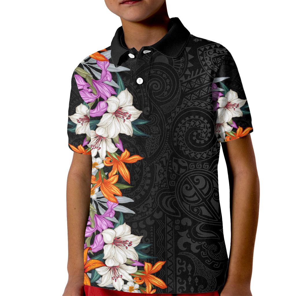 Hawaii Tropical Leaves and Flowers Kid Polo Shirt Tribal Polynesian Pattern LT03 Kid Black - Polynesian Pride