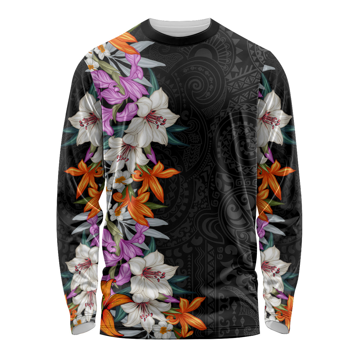 Hawaii Tropical Leaves and Flowers Long Sleeve Shirt Tribal Polynesian Pattern LT03 Unisex Black - Polynesian Pride