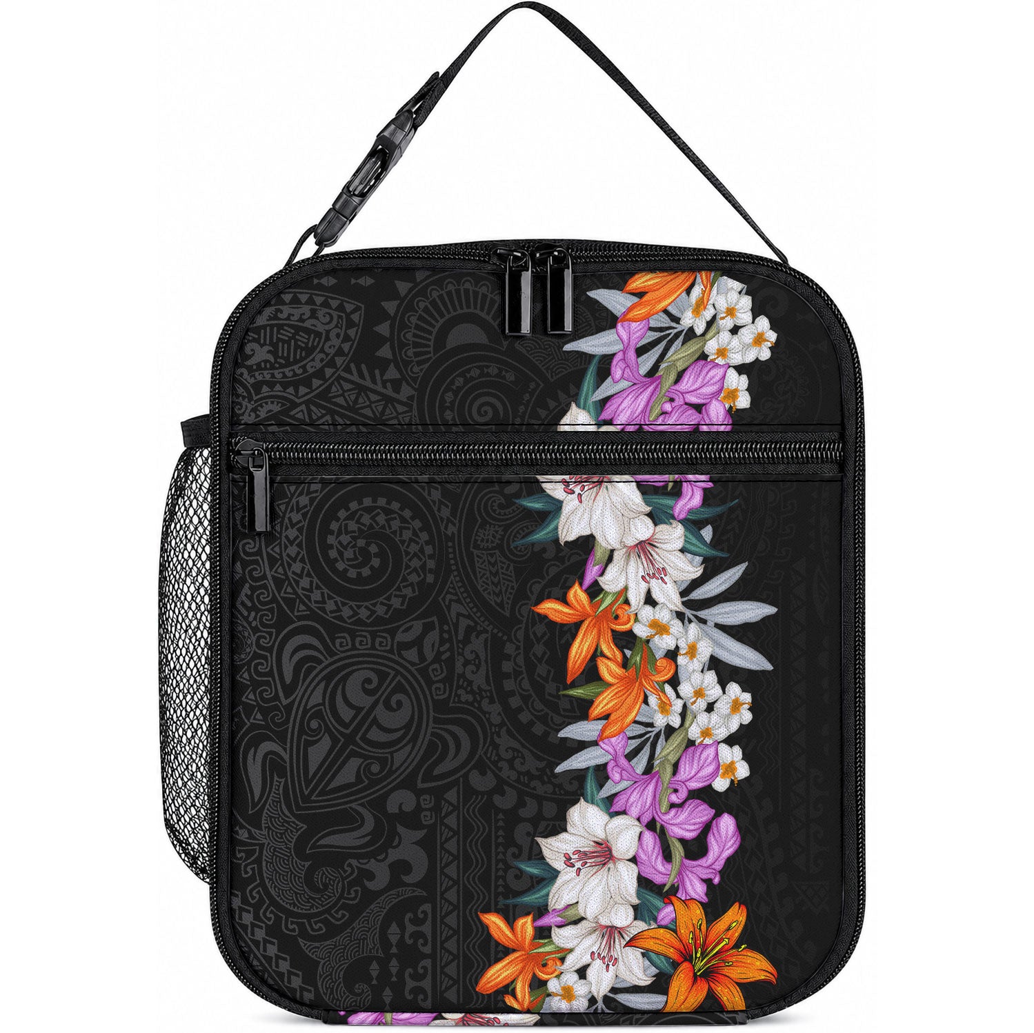 Hawaii Tropical Leaves and Flowers Lunch Bag LT03 10.2 × 8.3 × 4.3 inch Black - Polynesian Pride